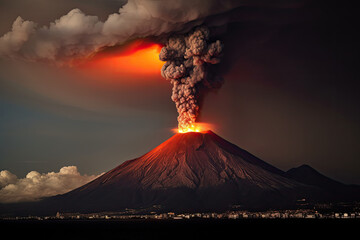 Volcano eruption. Lava flows out of the volcano crater. Natural disaster. Created with Generative AI
