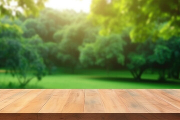 Empty wooden table with blurred natural green background. Wooden planks with space for product design. Created with Generative AI