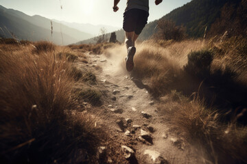 Trail running in mountains. Male trail runner athlete training outdoors. Created with Generative AI