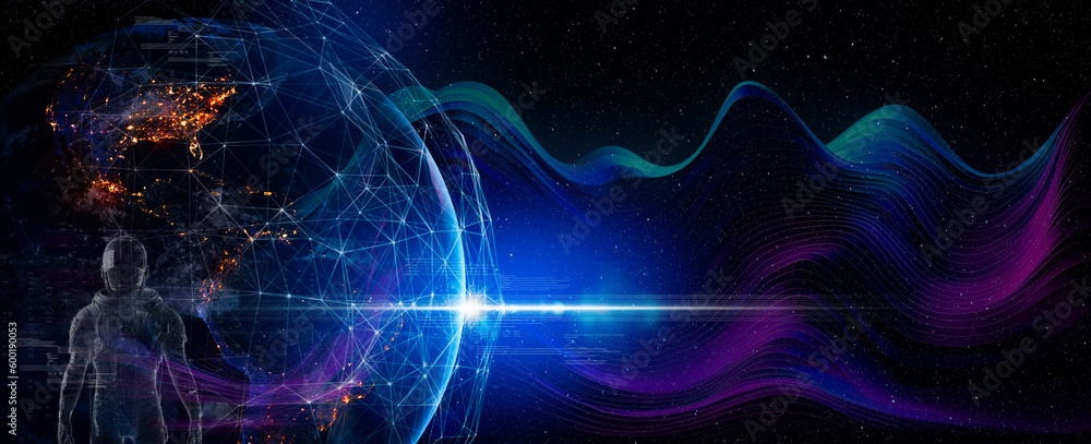 Poster photo of communication technology for internet business. global world network and telecommunication 