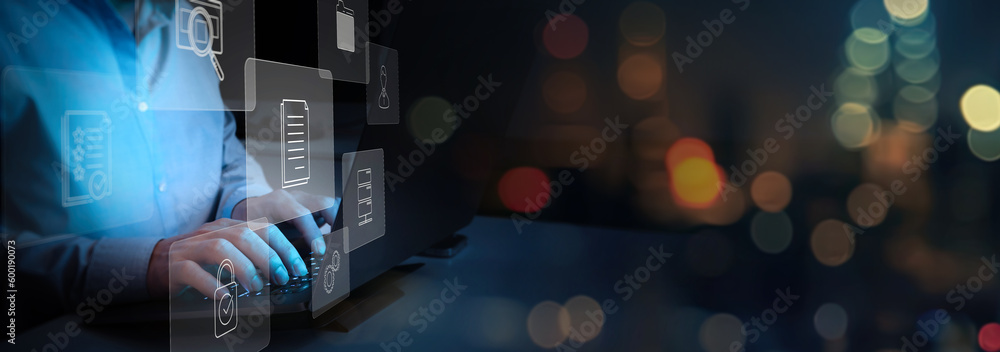 Poster  Businessman working digital tablet Document Management System (DMS),Virtual online documentation database and process automation to efficiently manage files,Compliance rules.