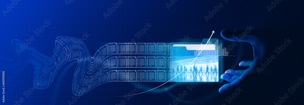 Poster Document management system concept,business hnad reach folder and document icons software,efficient archiving and company data. searching and managing files online document database.