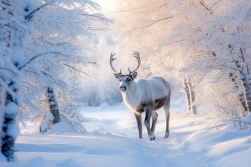 Mesmerizing Lapland Scene, Reindeer, Snow-Covered Landscape, Arctic Winter Wonderland, Generative AI