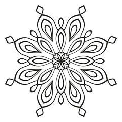 Black outline flower mandala. Doodle round decorative element for coloring book isolated on white background. Floral geometric circle.