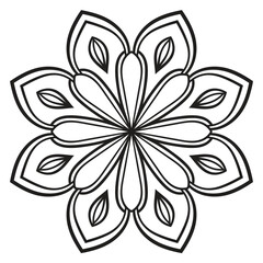 Black outline flower mandala. Doodle round decorative element for coloring book isolated on white background. Floral geometric circle.