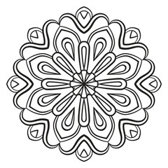 Black outline flower mandala. Doodle round decorative element for coloring book isolated on white background. Floral geometric circle.