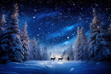 Captivating Winter Scene, Santa Claus, Reindeer, Starry Sky, Christmas Cheer, Generative AI