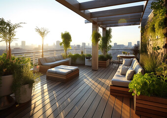 rooftop terrace designed with an eco - friendly style, generative ai