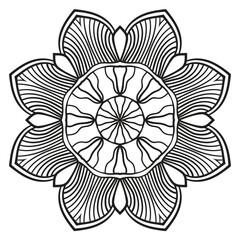 Black outline flower mandala. Doodle round decorative element for coloring book isolated on white background. Floral geometric circle.