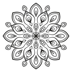 Black outline flower mandala. Doodle round decorative element for coloring book isolated on white background. Floral geometric circle.