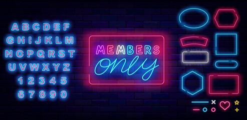 Members only neon label with lettering. Premium access. Shiny sign. Light phrase. Vector stock illustration