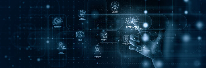 Perks and compensation package such as health insurance.Businesswoman shows Human resources and reward management.Employee benefits HR concept.pension plans, paid vacation, parental leave