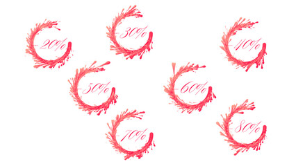 Vector set of vibrant red splatter sale icons 20%, 30%, 40%, 50%, 60%, 70%, 80% off. Discount blots tags, colorful special offer labels. Isolated splash signs for design template.