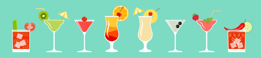 Cocktail set - sunrise, pina colada, daiquiri, bacardi, green parrot, bloody mary, martini with olives.