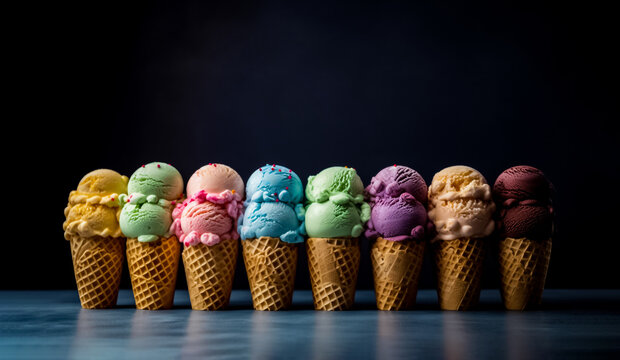 minimalistic composition of pastel-colored ice cream scoops in crispy waffle cone, arranged in a playful and colorful way. generative AI.