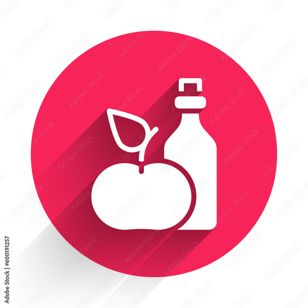 Poster white apple cider vinegar in bottle icon isolated with long shadow background. red circle button. ve