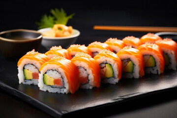 Japanese cuisine. Salmon sushi roll on a stone plate. Generative AI.