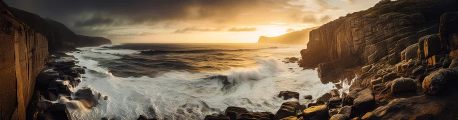 Fotobehang Paysage panoramique d'un rivage côtier spectaculaire avec des falaises abruptes et des vagues déferlantes sur la cote, illuminée par un doux et chaud coucher de soleil. Generative AI © XaMaps