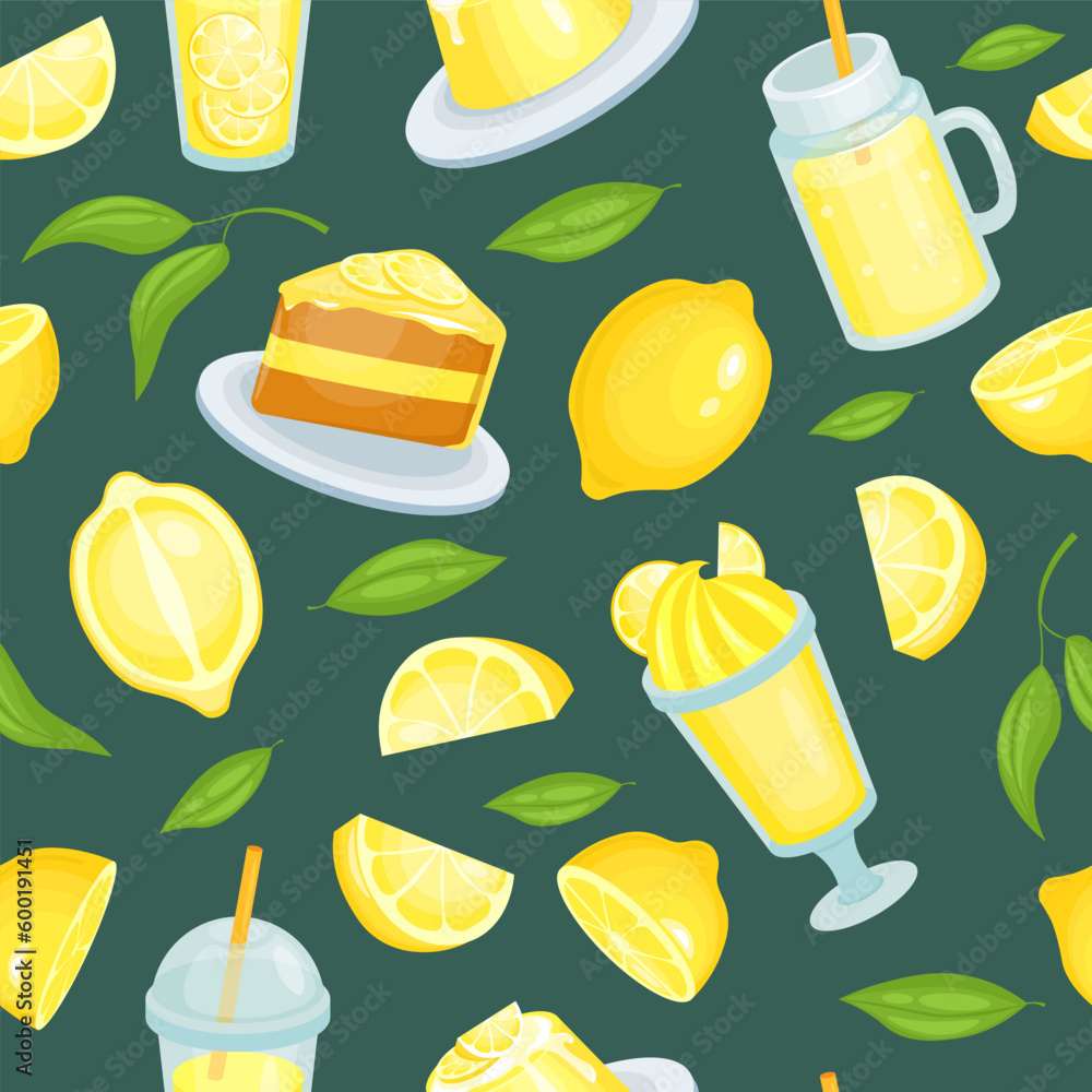 Poster lemonade pattern. seamless background with lemon juice. vector backgrounds for textile design projec