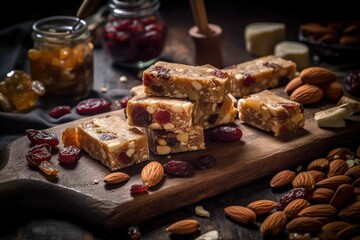 Obraz na płótnie Canvas homemade energy bars with nuts and dried fruits, generative ai