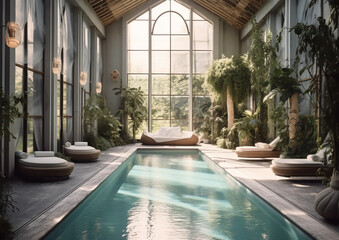 serene space wellness spa with pool, retro style , generative ai