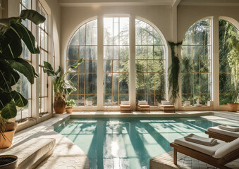 serene space wellness spa with pool, retro style , generative ai