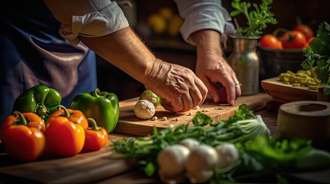 closeup of hands chopping fresh vegetables, generative ai