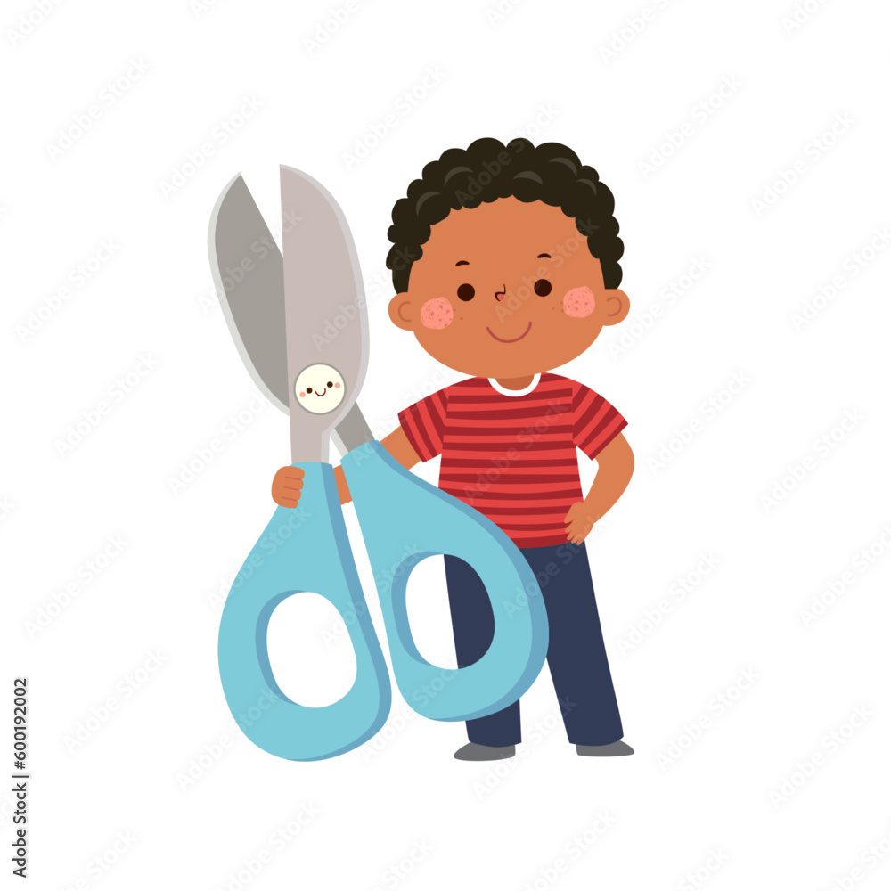 Wall mural vector cartoon little student boy with big scissors. back to school concept