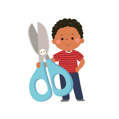 Vector cartoon little student boy with big scissors. Back to school concept