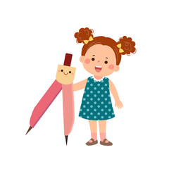 Vector cartoon little student girl holding big compass divider. Back to school concept