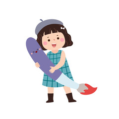 Vector cartoon little student girl holding big paintbrush. Back to school concept