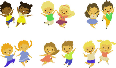 Joyful kids. Ethnic couples, cartoon small children leisure, happy girls and boys cute characters isolated, multiracial action poses