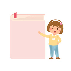 Vector cartoon little student girl with big book. Back to school concept - 600192059