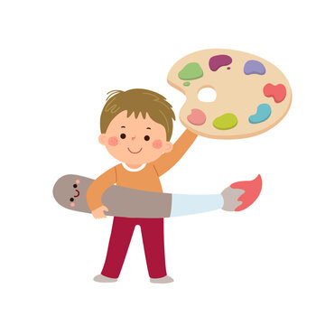 recommend clip art: Vector cartoon little student boy with paint brush and paint palette. Back to school concept