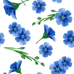 Fototapeta na wymiar Seamless pattern of blue flax flowers. Watercolor hand drawn illustration isolated on white background. Healthy food, diet and cosmetic products. Template for design.