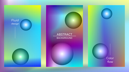 Abstract holographic poster with gradient mesh and pearlescent spheres. Iridescent graphic design set template for cover, voucher, banner, wallpaper, presentation, web, ui. Trendy vector background