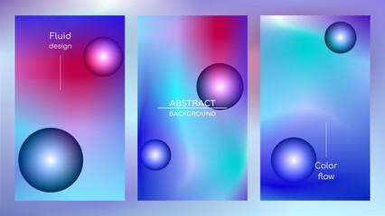 Abstract holographic poster with gradient mesh and pearlescent spheres. Iridescent graphic design set template for cover, voucher, banner, wallpaper, presentation, web, ui. Trendy vector background