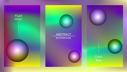 Abstract holographic poster with gradient mesh and pearlescent spheres. Iridescent graphic design set template for cover, voucher, banner, wallpaper, presentation, web, ui. Trendy vector background