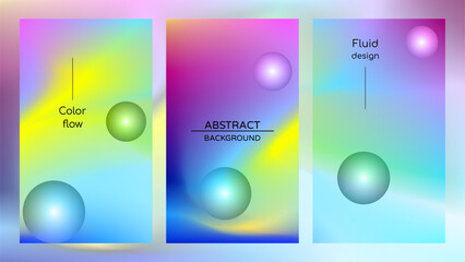 Abstract holographic poster with gradient mesh and pearlescent spheres. Iridescent graphic design set template for cover, voucher, banner, wallpaper, presentation, web, ui. Trendy vector background