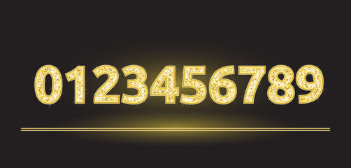 Realistic shining golden glitter numbers 1, 2, 3, 4, 5, 6, 7, 8, 9, 0. Set of isolated vector objects one, two, three, four, five, six, seven, eight, nine, zero for decoration, celebration design.