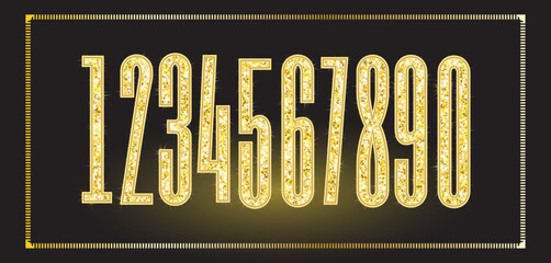 Realistic shining golden glitter numbers 1, 2, 3, 4, 5, 6, 7, 8, 9, 0. Set of isolated vector objects one, two, three, four, five, six, seven, eight, nine, zero for decoration, celebration design.