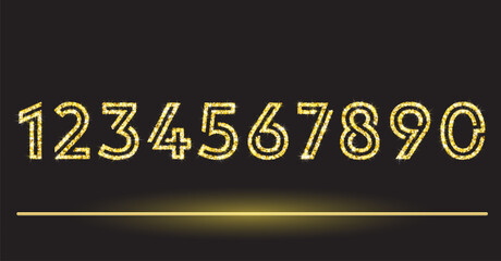 Realistic shining golden glitter numbers 1, 2, 3, 4, 5, 6, 7, 8, 9, 0. Set of isolated vector objects one, two, three, four, five, six, seven, eight, nine, zero for decoration, celebration design.