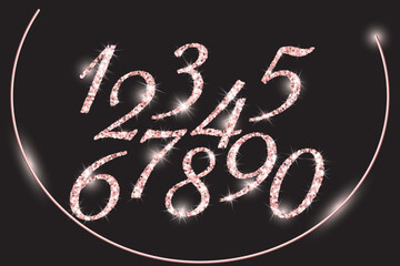 Realistic shining rose gold glitter numbers 1, 2, 3, 4, 5, 6, 7, 8, 9, 0. Set of isolated vector objects one, two, three, four, five, six, seven, eight, nine, zero for decoration, celebration design.