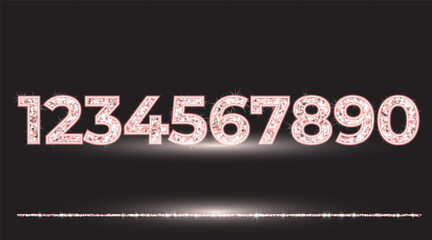 Realistic shining rose gold glitter numbers 1, 2, 3, 4, 5, 6, 7, 8, 9, 0. Set of isolated vector objects one, two, three, four, five, six, seven, eight, nine, zero for decoration, celebration design.