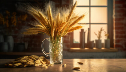 Recreation artistic of golden wheat spikes in a jar and a wood table of a kitchen at sunset. Illustration AI