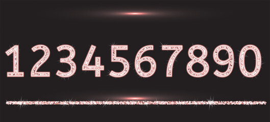 Realistic shining rose gold glitter numbers 1, 2, 3, 4, 5, 6, 7, 8, 9, 0. Set of isolated vector objects one, two, three, four, five, six, seven, eight, nine, zero for decoration, celebration design.