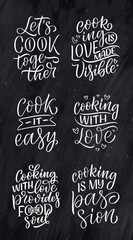 Set with Handwritten lettering quotes about kitchen and cooking. Hand drawn unique typography design element for greeting cards, decoration, prints and posters.