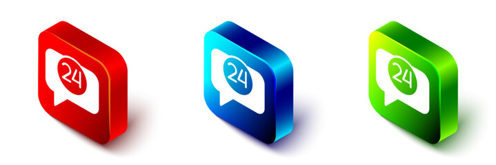 Isometric Telephone 24 hours support icon isolated on white background. All-day customer support call-center. Full time call services. Red, blue and green square button. Vector