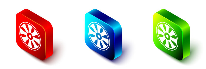 Isometric Alloy wheel for car icon isolated on white background. Red, blue and green square button. Vector