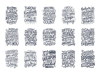 Set with hand drawn motivation lettering quotes in modern calligraphy style. Inspiration slogans for print and poster design. Vector